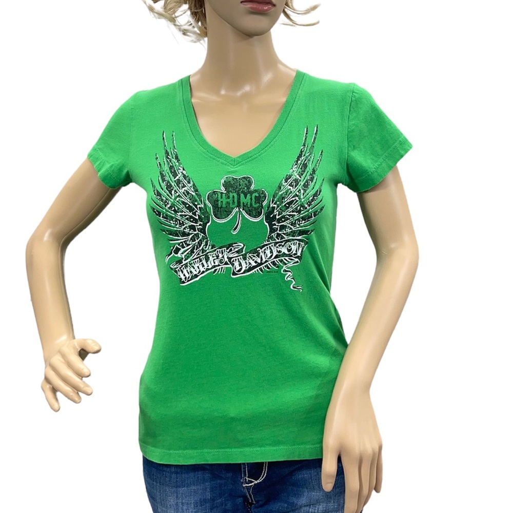 HARLEY-DAVIDSON Women’s Green V-Neck Short Sleeve Tee Shirt Size XS